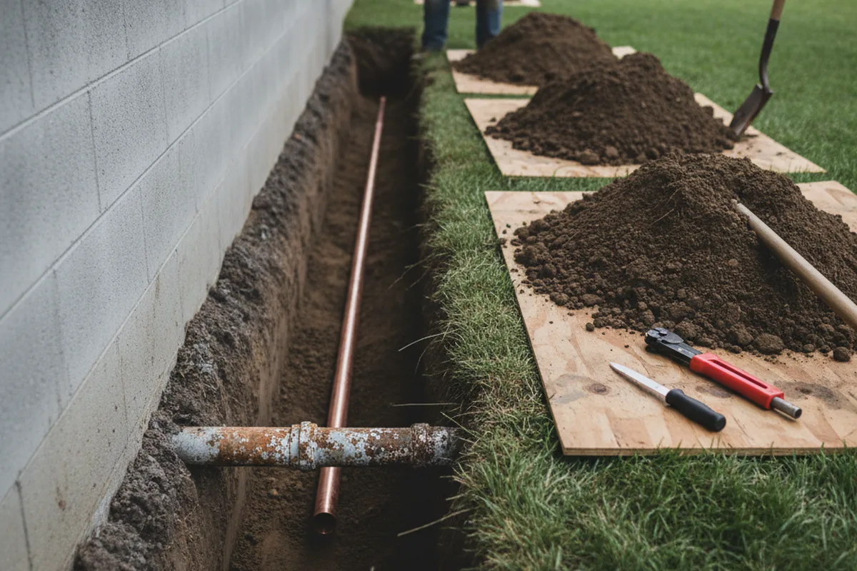 Excavated water line trench during Water Softener Installation in Mannsville